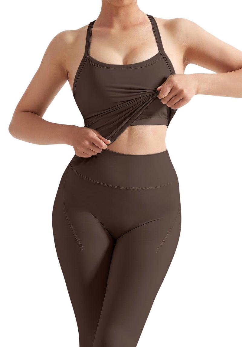 SUUKSESS Women 2 Piece Workout Sets Tummy Control Compression Yoga Pants with Pockets Halter Built in Bra Tank Tops Sports Bra Scrunch Butt Lting Leggings (Brown, M) - Image 4