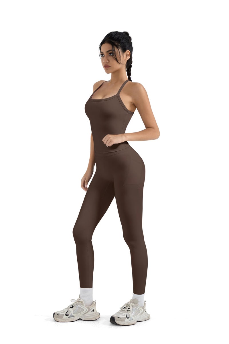 SUUKSESS Women 2 Piece Workout Sets Tummy Control Compression Yoga Pants with Pockets Halter Built in Bra Tank Tops Sports Bra Scrunch Butt Lting Leggings (Brown, M) - Image 5