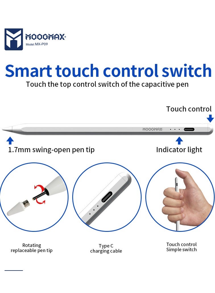 MOOGMAX MX-P09 iPad Pen supports palm grip. universal Stylus pen with a fast Type-C charging port. Magnetic pencil ipad (does not support wireless charging). Tablet Pen, iPad 11th gen, iPad 10th gen, iPad 9th gen, iPad A16, or even Samsung and other compatible devices. - Image 3