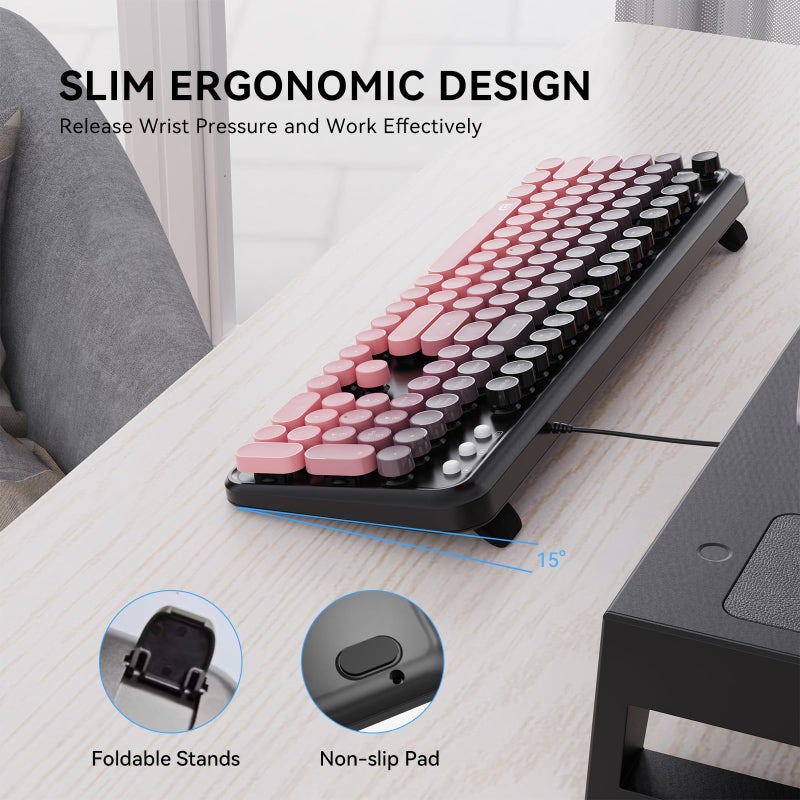 FOPETT 8870P Wired Keyboard and Mouse Combo - Full-Sized Computer Keyboards with 104 Round Keys Retro Typewriter Mouse and Keyboard for PC Windows Desktop Laptop - Pink Colorful - Image 2