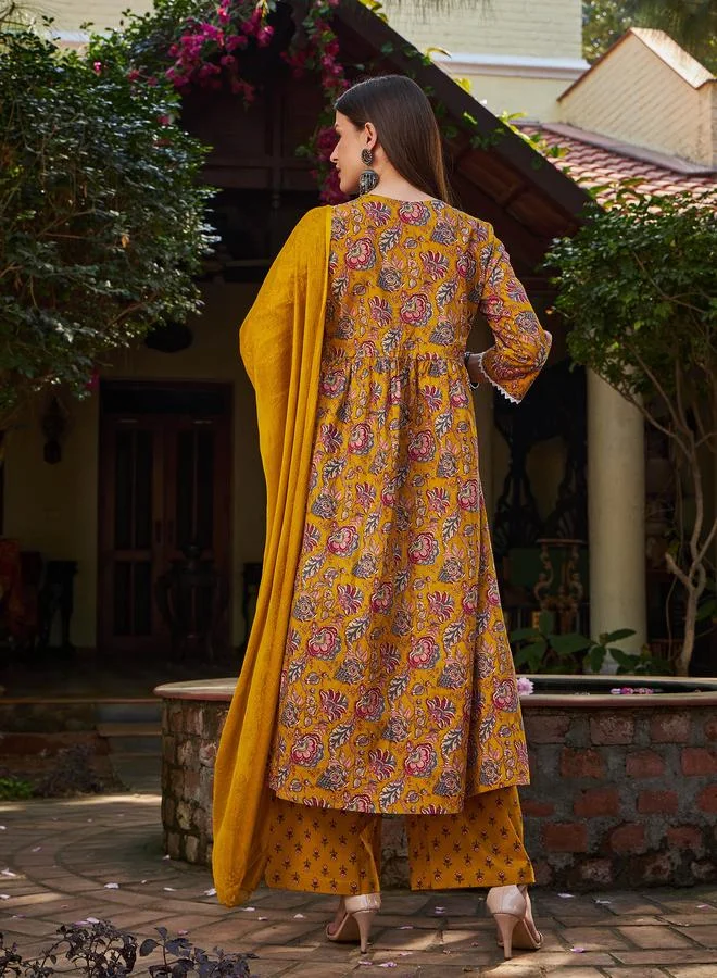 SASSAFRAS SASSAFRAS Mustard Floral Front Slit Kurta with Pencil Pants and Dupatta Set