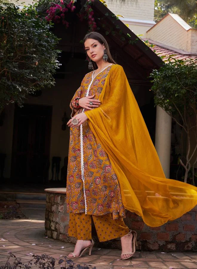 SASSAFRAS SASSAFRAS Mustard Floral Front Slit Kurta with Pencil Pants and Dupatta Set
