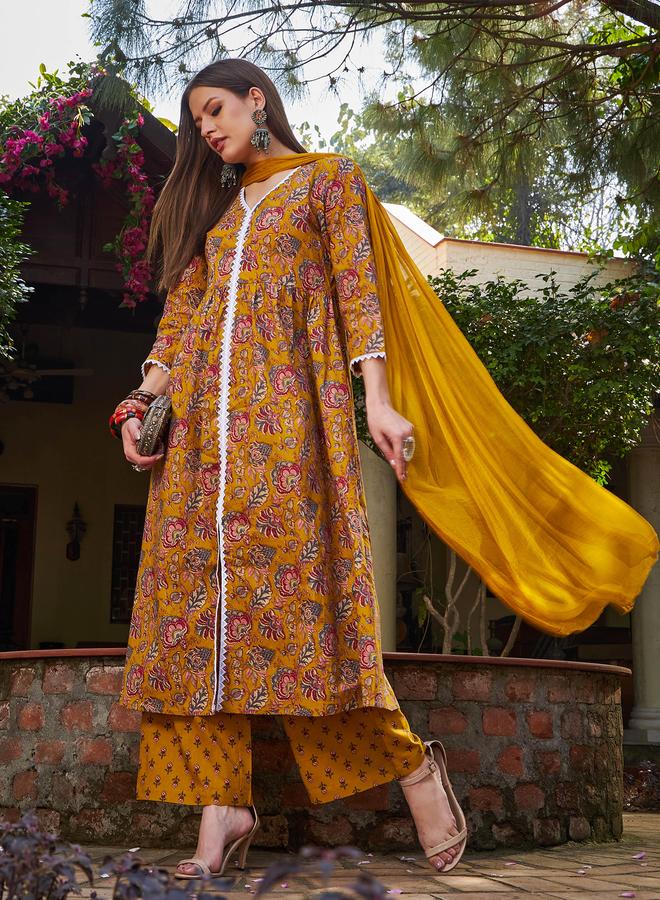SASSAFRAS Mustard Floral Front Slit Kurta with Pencil Pants and Dupatta Set - Image 1
