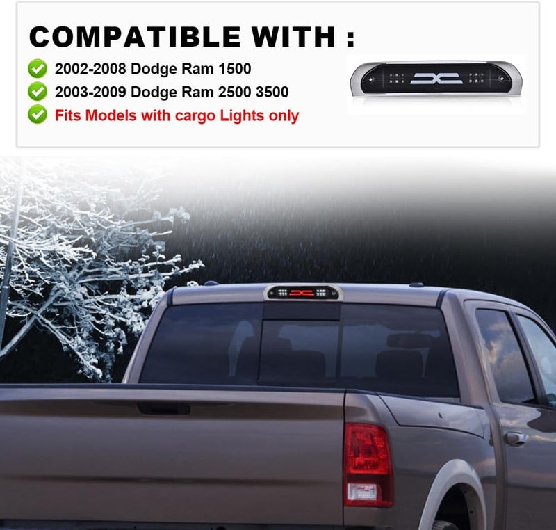CHEDA LED Third Brake Lights Compatible with 2002-2008 Dodge Ram 1500/2003-2009 Dodge Ram 2500 3500 High Mount Stop Light Smoky Lens Black Housing Cargo Lamp 5072594AD 3D Bar X Type - Image 2