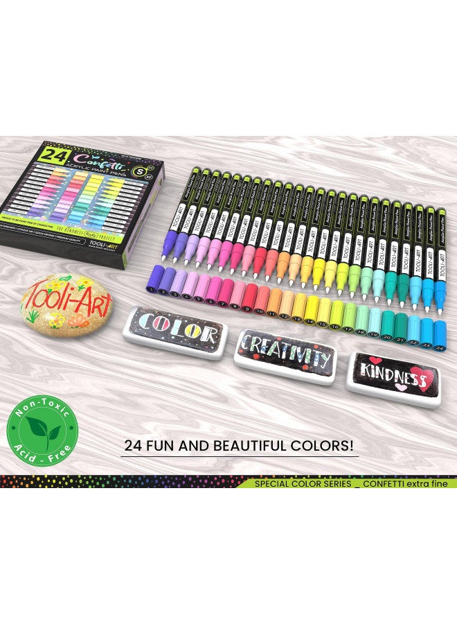TOOLI-ART 24 Confetti Colors Acrylic Paint Pens Markers Set 0.7mm Extra Fine Tip, Rock Painting, Glass, Mugs, Wood, Metal, Canvas, Ceramics, DIY Projects, Illustration. Non Toxic, Waterbased, Quick Drying - Image 2