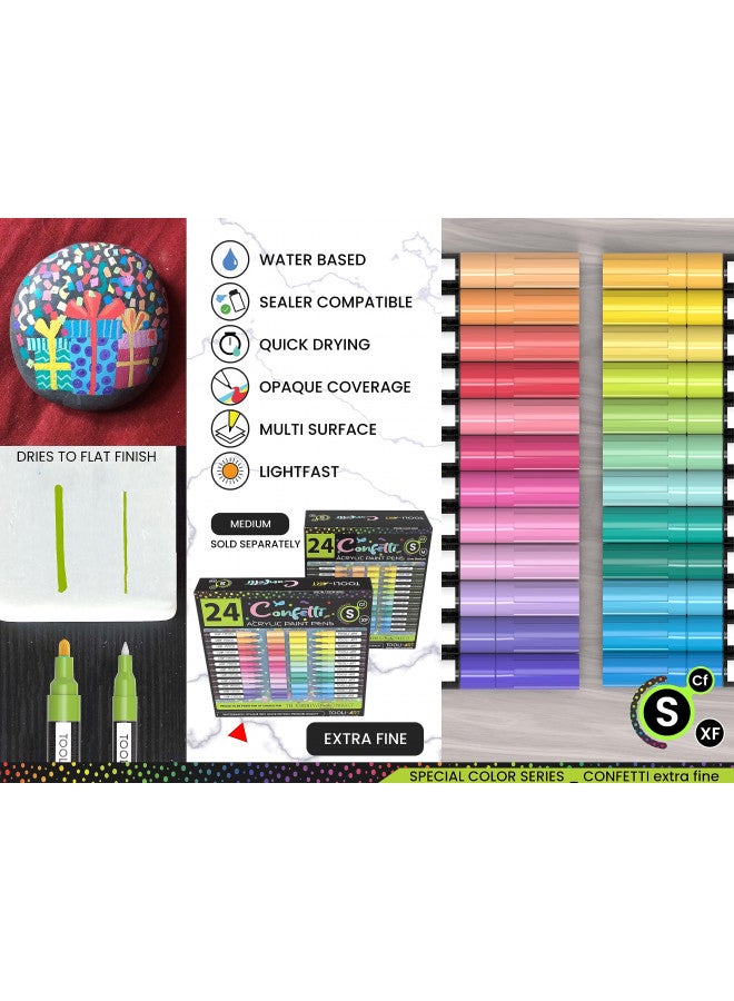 TOOLI-ART 24 Confetti Colors Acrylic Paint Pens Markers Set 0.7mm Extra Fine Tip, Rock Painting, Glass, Mugs, Wood, Metal, Canvas, Ceramics, DIY Projects, Illustration. Non Toxic, Waterbased, Quick Drying - Image 5