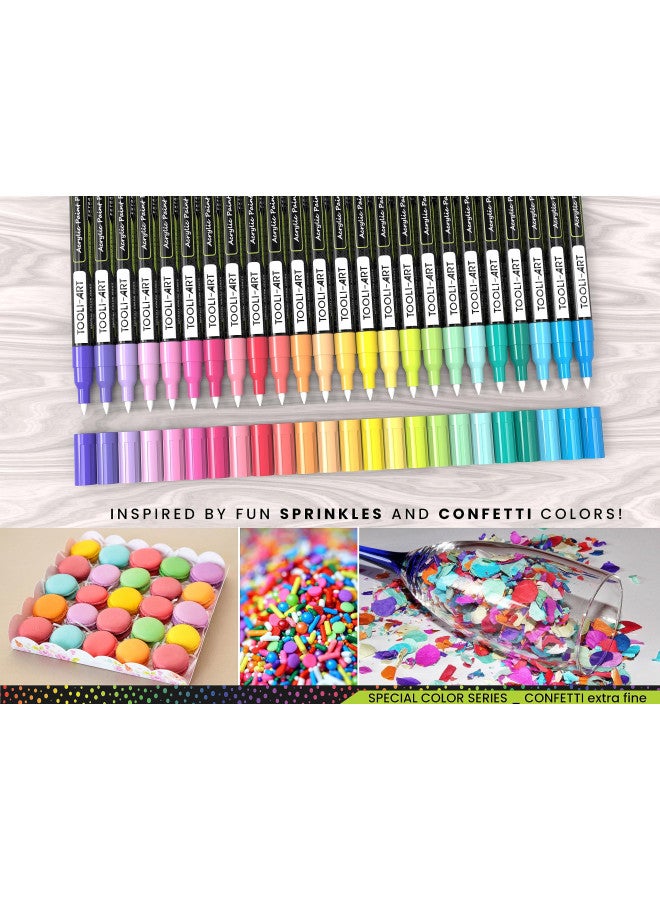 TOOLI-ART 24 Confetti Colors Acrylic Paint Pens Markers Set 0.7mm Extra Fine Tip, Rock Painting, Glass, Mugs, Wood, Metal, Canvas, Ceramics, DIY Projects, Illustration. Non Toxic, Waterbased, Quick Drying - Image 4