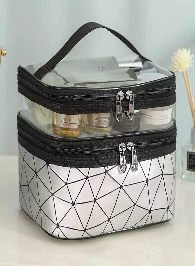Nightstar Multipurpose Double Layer Cosmetic Storage Bag Large Toiletries Makeup Organizer Kit Pouch Travel Makeup Bag with Zipper for Girls and Women (Silver) - Image 2