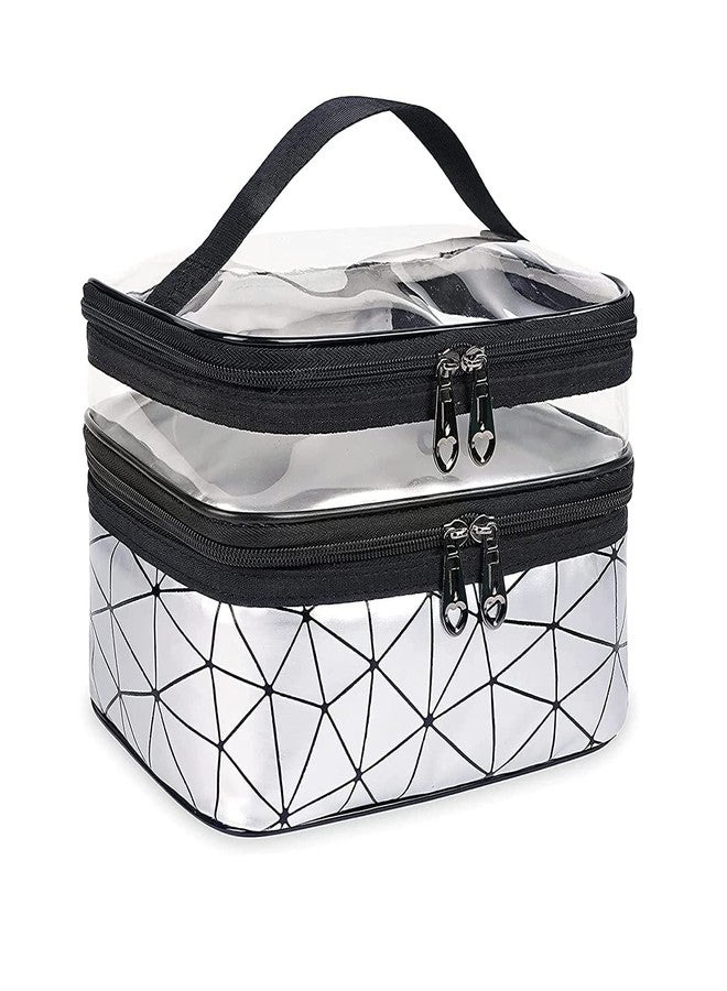 Nightstar Multipurpose Double Layer Cosmetic Storage Bag Large Toiletries Makeup Organizer Kit Pouch Travel Makeup Bag with Zipper for Girls and Women (Silver) - Image 1