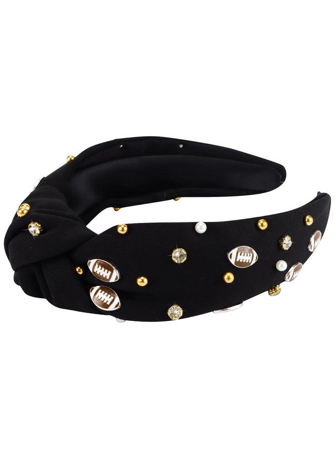 YARIEW Football Headband For Women Pearl Rhinestone Jeweled Knotted Headband Top Knot Headband For Women Football Accessories Sports Fan Mom Gifts (Black)… - Image 1
