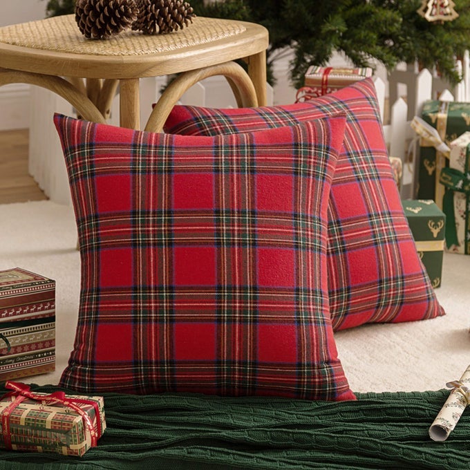 PACK OF 2 CHRISTMAS PLAID DECORATIVE THROW PILLOW COVERS SCOTTISH TARTAN CUSHION CASE FOR FARMHOUSE HOME HOLIDAY DECOR RED AND GREEN 18 X 18 INCHES