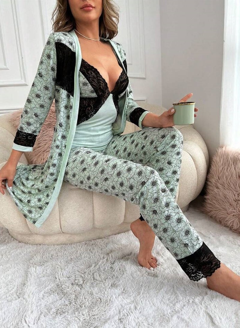 Women's Pajama Set with Lace Detailing and Floral Print with Long Sleeved Robe  - Image 2