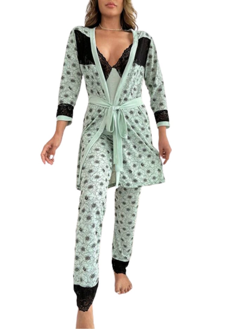 Women's Pajama Set with Lace Detailing and Floral Print with Long Sleeved Robe  - Image 1