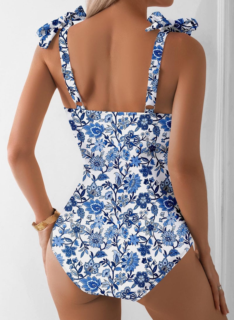 Aleumdr Women Tummy Control Swimsuit Retro One Piece Bathing Suit V Neck Boho Tie Shoulder Print Floral Swimwear Padded Push Up Swim Suit Blue Small - Image 3