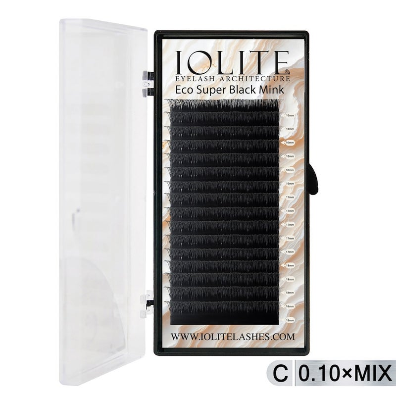 IOLITE إكستينشن رموش مينيك سوبر بلاك من إيولايت - C Curl 0.10T مزيج (6mm–15mm) | صينية إكستينشن رموش مينيك سوداء فاخرة لفناني الرموش ISBMC10T