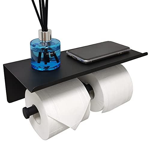 GZILA Double Toilet Paper Holder with Shelf Matte Black Wall Mounted Dual Large Rolls Tissue Holder Multipurpose TP Dispenser SUS 304 Stainless Steel