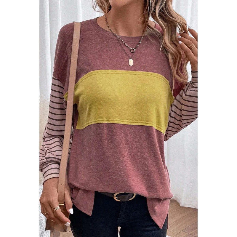 2024 Spring New Casual And Comfortable Striped Color Contrast Long Sleeve T-Shirt For Women - Image 1