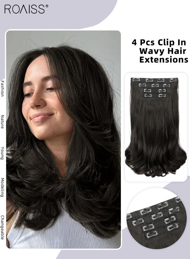 roaiss 4 Pcs Clip In Wavy Hair Extensions, Invisible Adjustable Synthetic Heat Resistant Hairpieces with 11 Clips for Women , Increase Hair Volume Black Brown , 35cm (14 inches) - Image 1