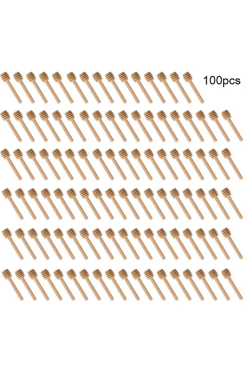 ١٠٠ قطعة من ملاعق تقليب العسل عالية الجودة، عملية، مع مقابض، وعلبة خلط، و١٠٠ قطعة من مغارف العسل الخشبية الطويلة.