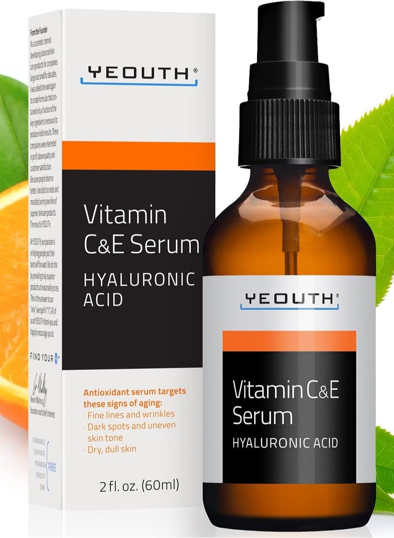 Yeouth Vitamin C and E with Hyaluronic Acid Antioxidant Serum Target Sign of Aging Fine Lines Wrinkle Dark Spot Uneven Skin Tone Dry Dull Skin 60ml