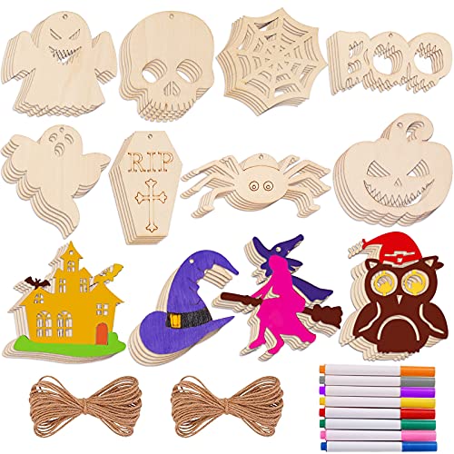 Max Fun 60PCS Halloween Crafts Painting Wooden Slices Cutouts Ornaments DIY Unfinished Predrilled Natural Wood for Kids Halloween Hanging Decorations - Image 1