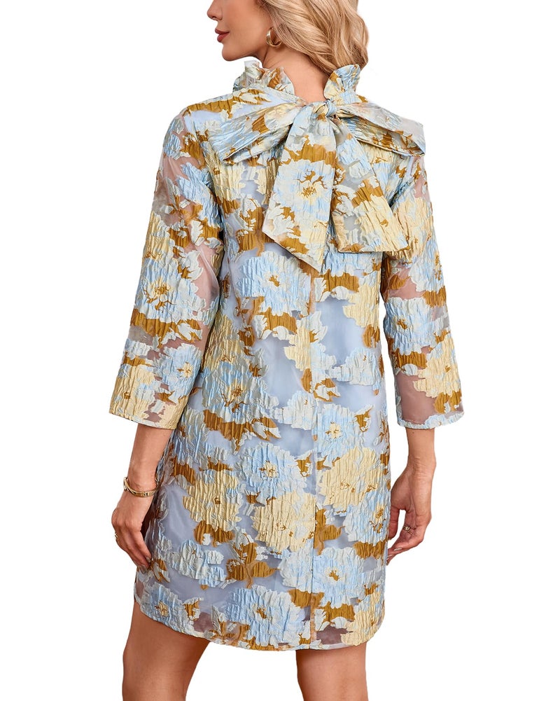 YEXPINE Women's Floral Jacquard Shift Dress Mini 3/5 Sleeve Ruffle Collar Bow Tie Elegant Cocktail Party Sheer Mesh Dresses Blue - Image 1