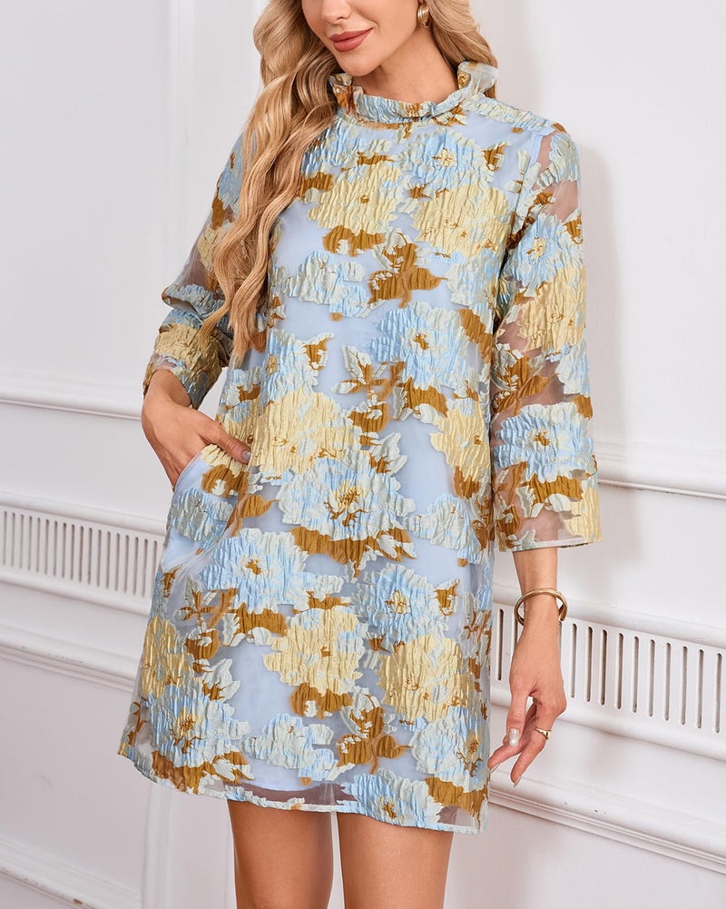 YEXPINE Women's Floral Jacquard Shift Dress Mini 3/5 Sleeve Ruffle Collar Bow Tie Elegant Cocktail Party Sheer Mesh Dresses Blue - Image 3