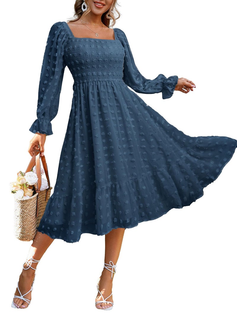 Amegoya Women's Elegant Square Neck Long Sleeve Formal Dress Fall Swiss Dot Modest Smocked Midi Wedding Guest Dress (Dusty Blue S) - Image 1