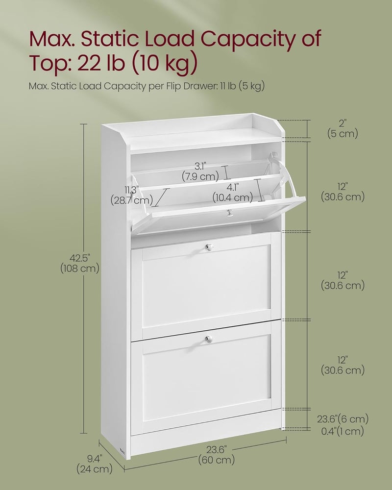 VASAGLE Shoe Cabinet with 3 Flip Drawers, Shoe Storage Cabinet, Adjustable and Removable Dividers, Holds up to 18 Pairs of Shoes, Hallway, 24 x 60 x 108 cm, Cloud White - Image 3