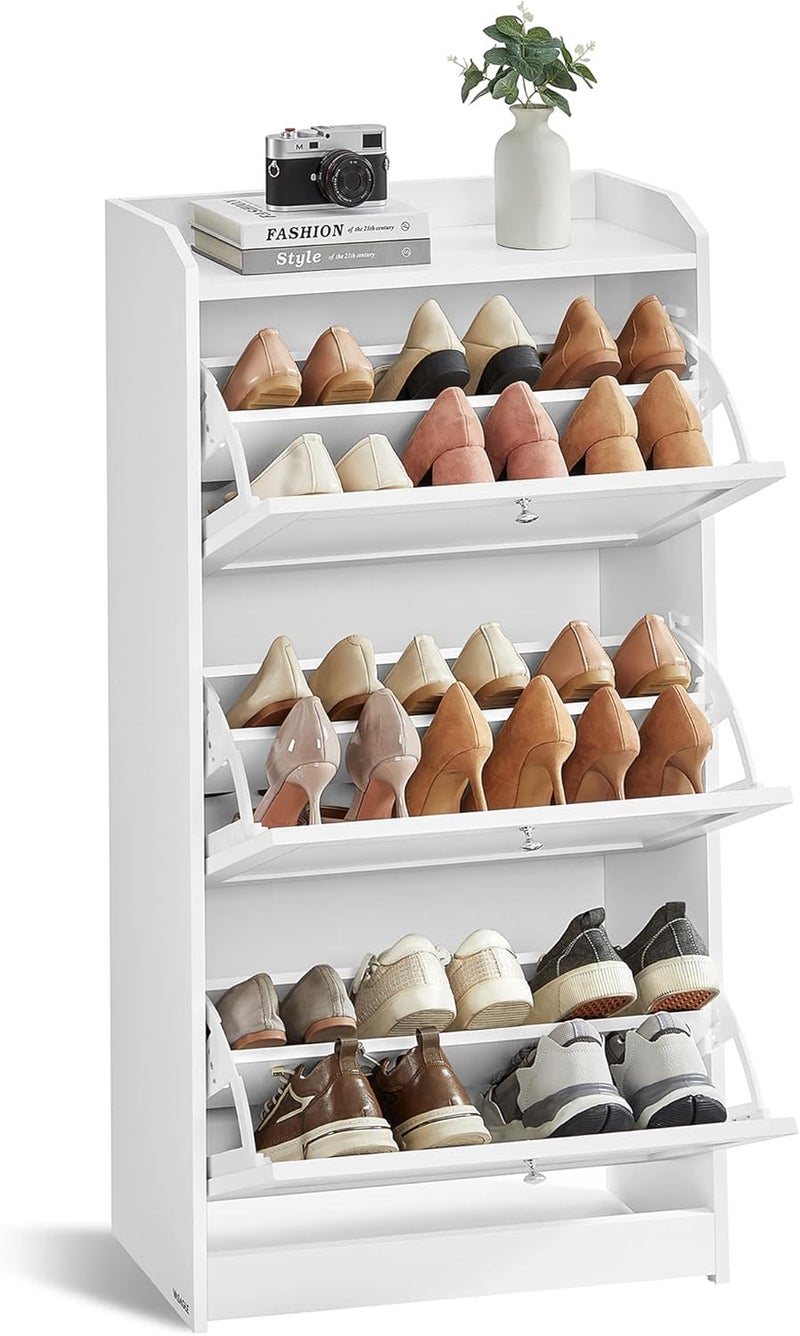 VASAGLE Shoe Cabinet with 3 Flip Drawers, Shoe Storage Cabinet, Adjustable and Removable Dividers, Holds up to 18 Pairs of Shoes, Hallway, 24 x 60 x 108 cm, Cloud White - Image 1