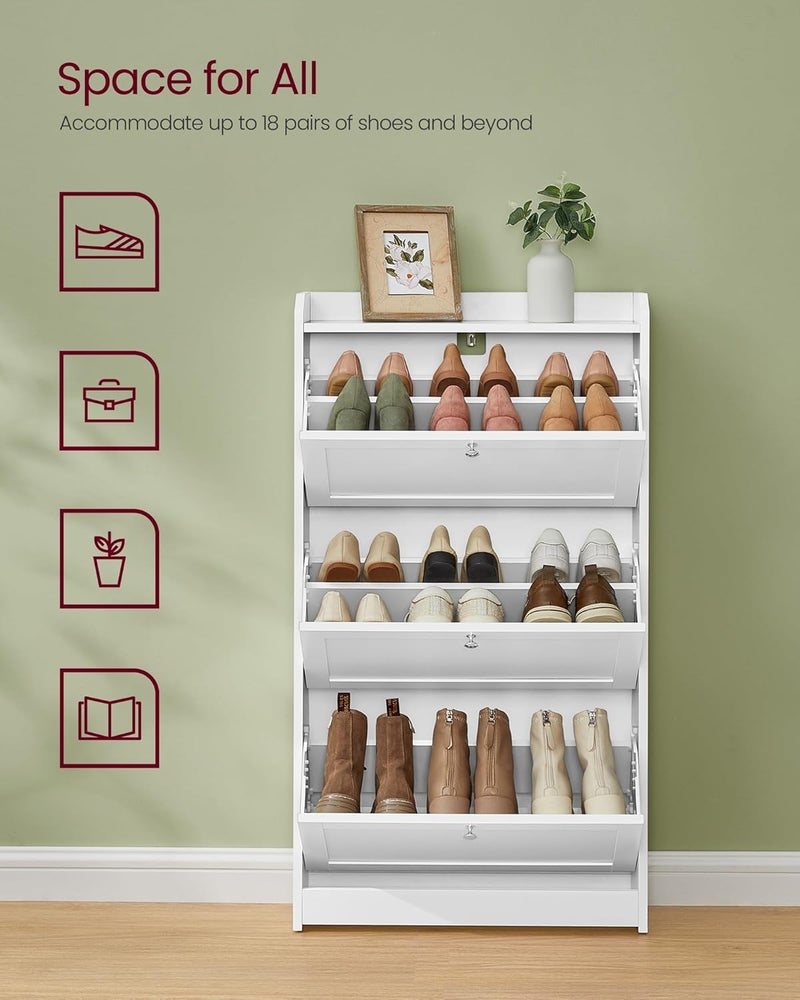 VASAGLE Shoe Cabinet with 3 Flip Drawers, Shoe Storage Cabinet, Adjustable and Removable Dividers, Holds up to 18 Pairs of Shoes, Hallway, 24 x 60 x 108 cm, Cloud White - Image 4