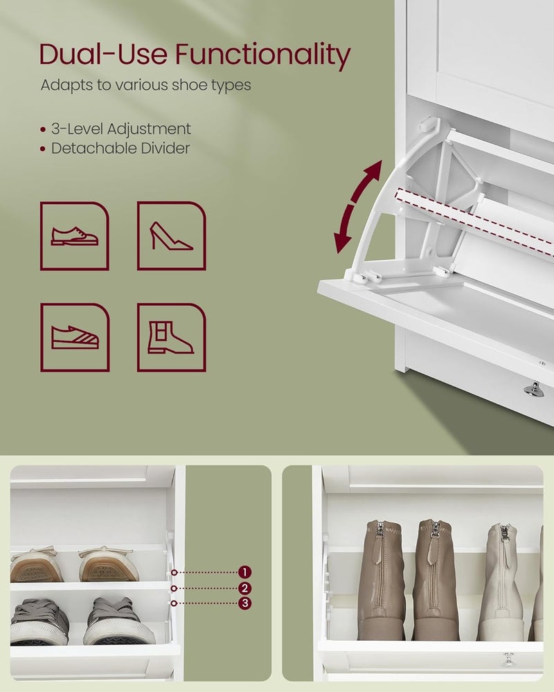VASAGLE Shoe Cabinet with 3 Flip Drawers, Shoe Storage Cabinet, Adjustable and Removable Dividers, Holds up to 18 Pairs of Shoes, Hallway, 24 x 60 x 108 cm, Cloud White - Image 5