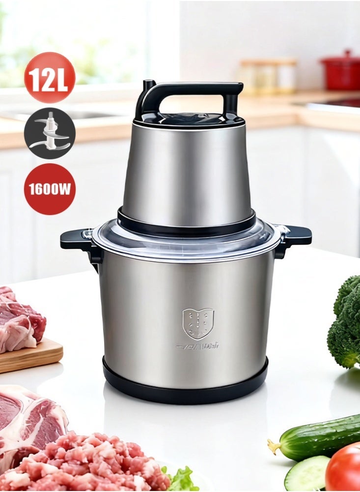 12L Electric Meat Chopper Grinder - 1600W Heavy Duty Food Processor with Pure Copper Motor & 4 Stainless Steel Blades for Meat, Vegetables, Onion, Ginger, Garlic – Home & Restaurant Use - Image 2