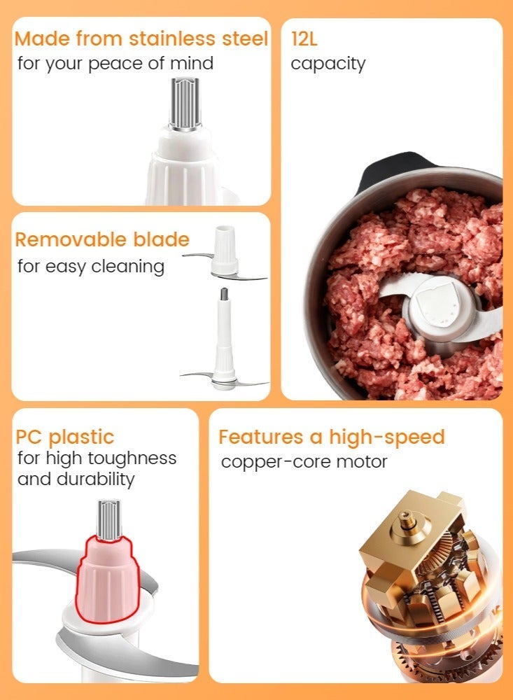 12L Electric Meat Chopper Grinder - 1600W Heavy Duty Food Processor with Pure Copper Motor & 4 Stainless Steel Blades for Meat, Vegetables, Onion, Ginger, Garlic – Home & Restaurant Use - Image 5