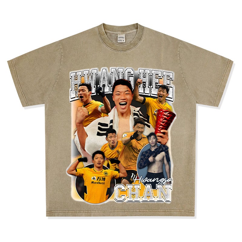 New Football Hwang Hee chan Star Printed Short-sleeved Vintage Washed Old Long-sleeved T-shirt Trendy for Men and Women - Image 1