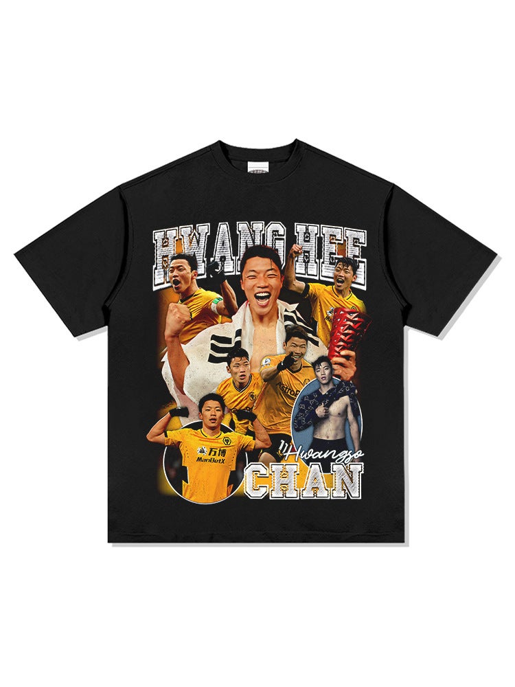 New Football Hwang Hee chan Star Printed Short-sleeved Vintage Washed Old Long-sleeved T-shirt Trendy for Men and Women - Image 3