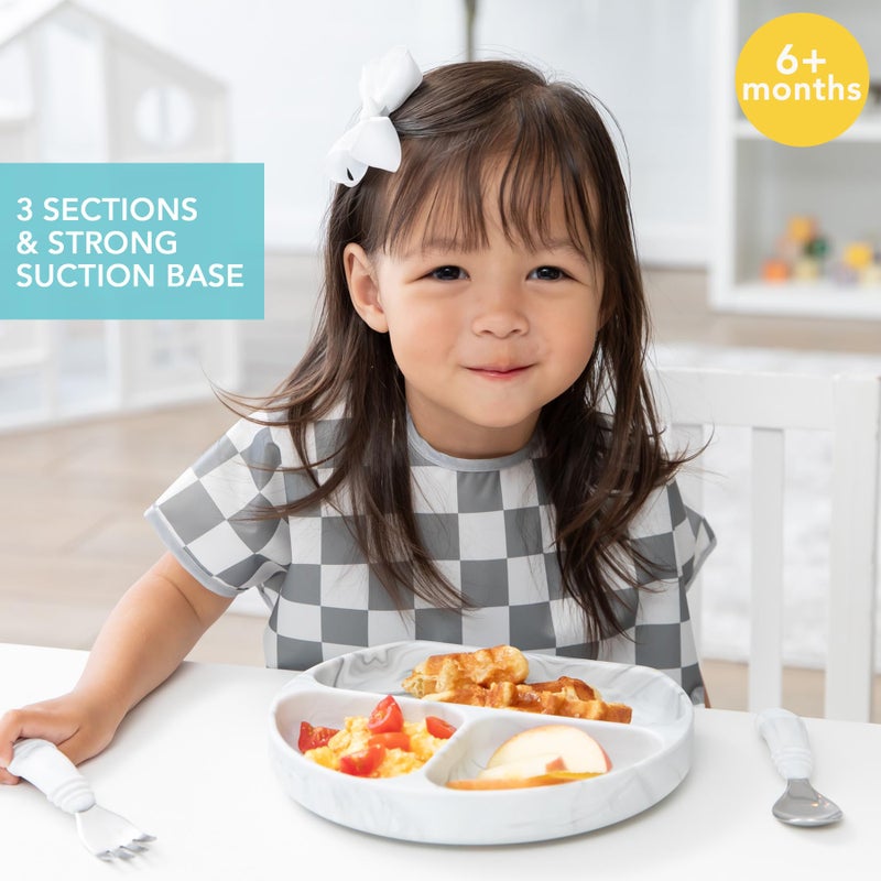 Bumkins Toddler and Baby Suction Plate, Divided Grip Dish for Babies and Kids, Baby Led Weaning, Feeding Supplies, Sticks to Tables and Highchairs, Platinum Silicone, for Chidren 6 Months, Marble - Image 2