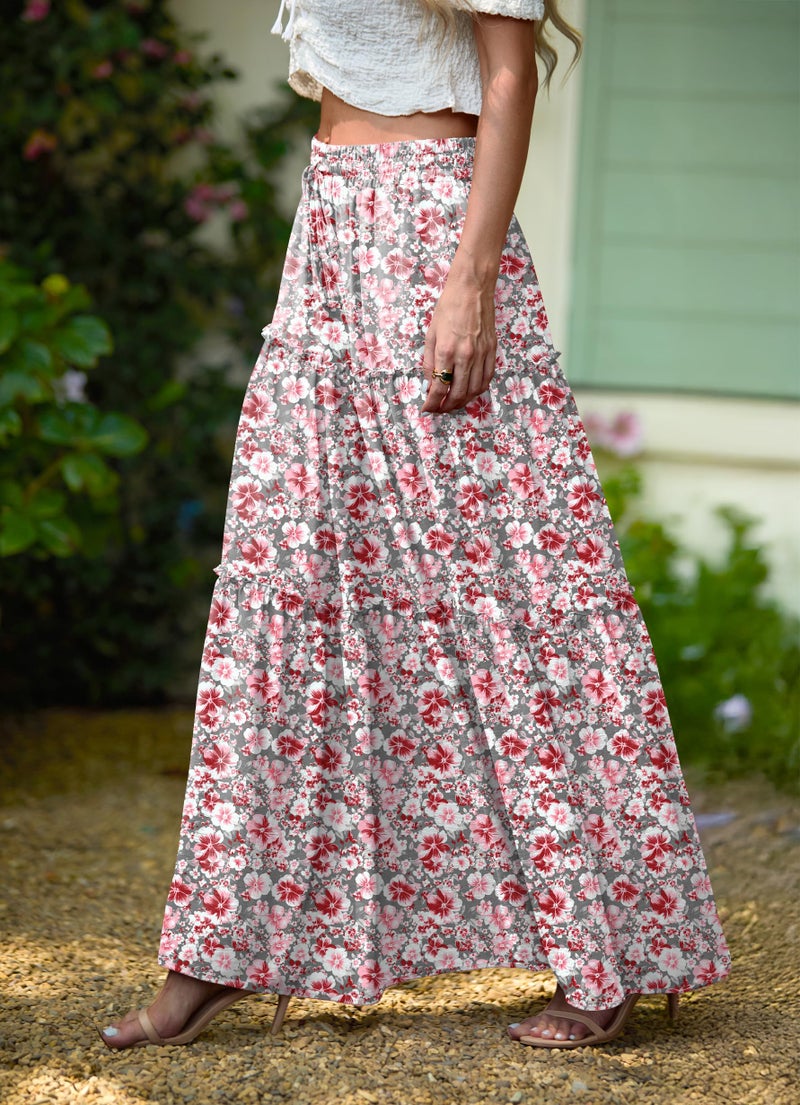Lepunuo Trendy Maxi Floral Long Skirts Womens Casual Floral Elastic High Waisted Flowy Maxi Skirts with Pockets - Image 2