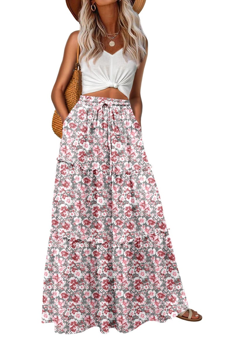 Lepunuo Trendy Maxi Floral Long Skirts Womens Casual Floral Elastic High Waisted Flowy Maxi Skirts with Pockets - Image 1