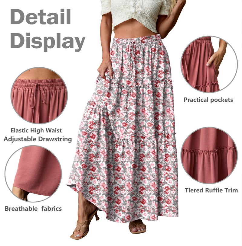Lepunuo Trendy Maxi Floral Long Skirts Womens Casual Floral Elastic High Waisted Flowy Maxi Skirts with Pockets - Image 4