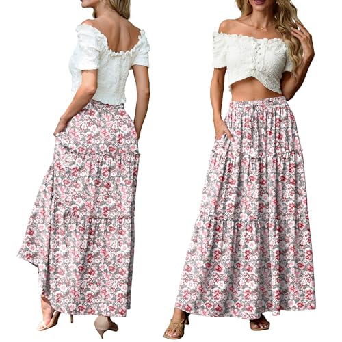 Lepunuo Trendy Maxi Floral Long Skirts Womens Casual Floral Elastic High Waisted Flowy Maxi Skirts with Pockets - Image 5