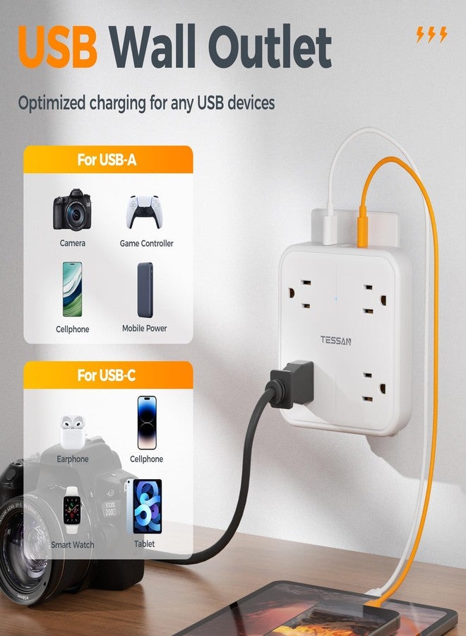 TESSAN Multiple Socket, Surge Protection with 4 AC Plugs and 3 USB (1 USB C), Multiple Power Strip for Home, Office, Bedroom, Travel Accessories, White - Image 4