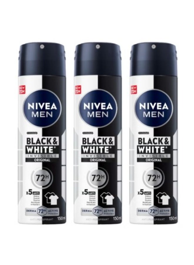 بخاخ مزيل عرق مضاد للتعرق للرجال NIVEA Black & White Invisible Original 150 مل عبوة من 3 – حماية حتى 72 ساعة ومنع العلامات على الملابس السوداء والبيضاء