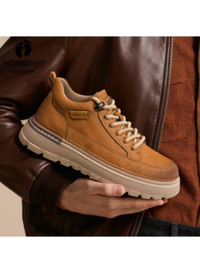 Hang Ten Men's Work Shoes Spring New Casual Low-top Outdoor Leather Shoes Thick Sole Height Increasing Martin Boots - Image 3