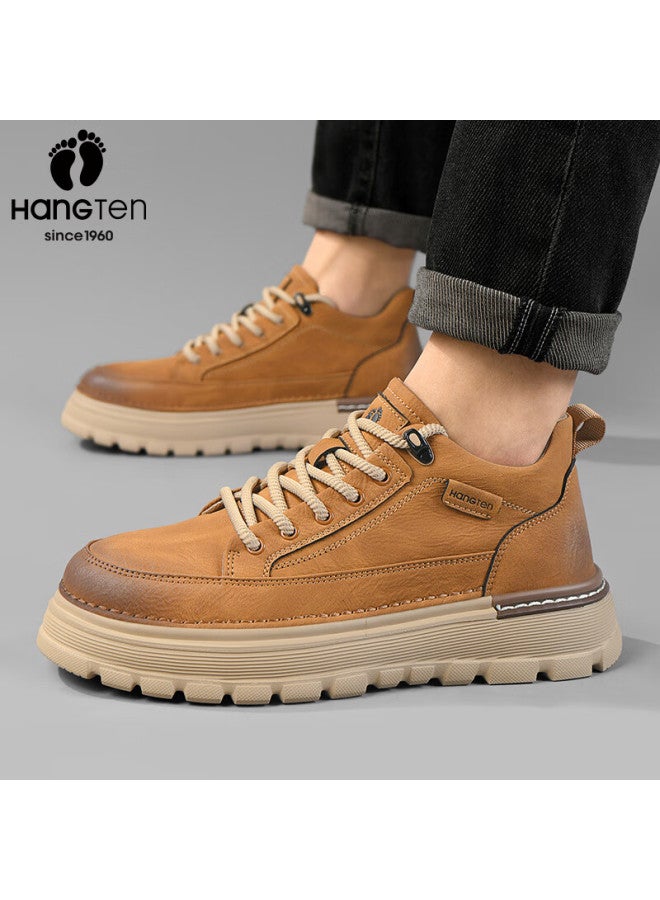 Hang Ten Men's Work Shoes Spring New Casual Low-top Outdoor Leather Shoes Thick Sole Height Increasing Martin Boots - Image 1