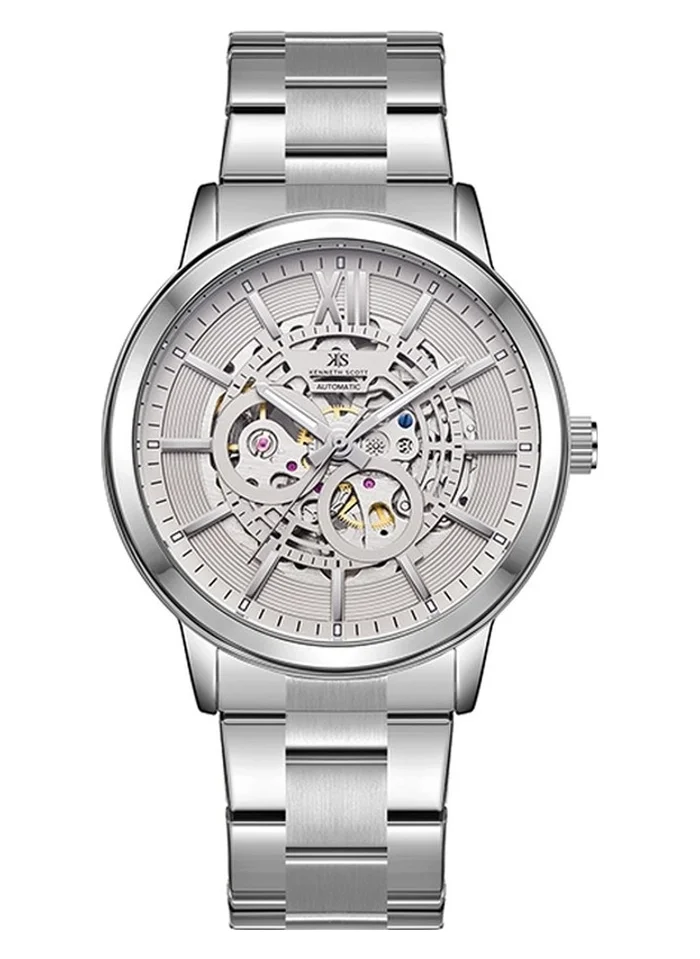 KENNETH SCOTT Men's Automatic  Display Watch With Silver Stainless Steel Strap - K24324-SBSX