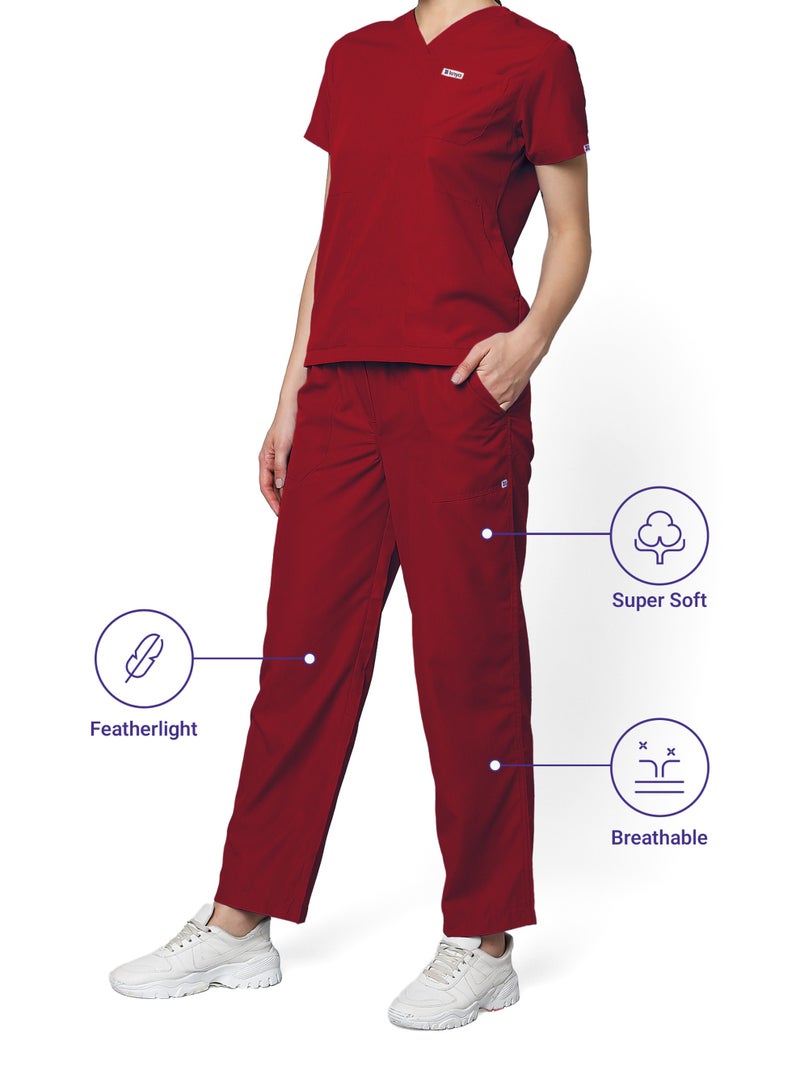 KNYA زيّ طبي نسائي كلاسيكي من KNYA بخمسة جيوب | ياقة على شكل حرف V | تصميم مرن ومريح للجزء العلوي والسفلي | زيّ موحد للأطباء | (مقاس 2XL، لون عنابي) - Image 5