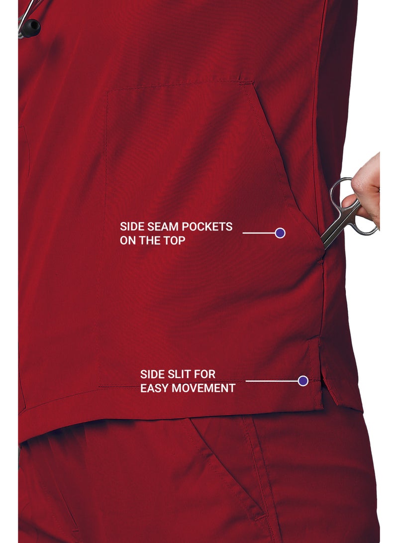 KNYA زيّ طبي نسائي كلاسيكي من KNYA بخمسة جيوب | ياقة على شكل حرف V | تصميم مرن ومريح للجزء العلوي والسفلي | زيّ موحد للأطباء | (مقاس 2XL، لون عنابي) - Image 3