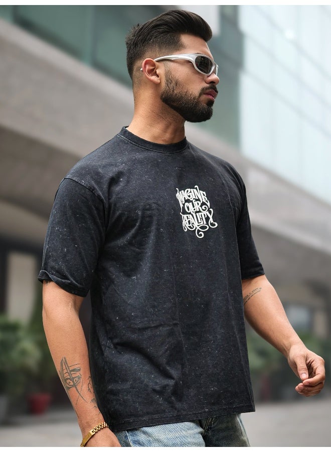 Maniac Maniac Mens Imagine Optic Wash Round Neck 3/4th Sleeve Black Cotton T-Shirt  - Image 4