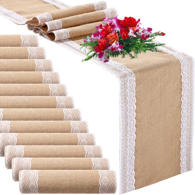 12 PCS BURLAP TABLE RUNNERS 12 X 108 INCHES WHITE LACE TABLE RUNNER RUSTIC COUNTRY WEDDING DECOR VINTAGE ROMANTIC TABLE CLOTH PARTY FAVORS FOR BIRTHDAY ENGAGEMENT HOTEL HOME TABLE DECOR FRESH
